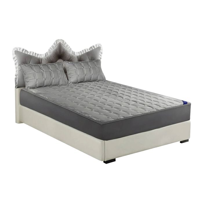 SOGA Home & Living Bundle – Grey Crown Tufted Pillow & Quilted Mattress Cover Set