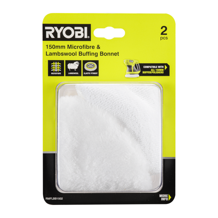 Ryobi 150mm Lambswool & Microfibre Buffing Bonnet - 2 Pack