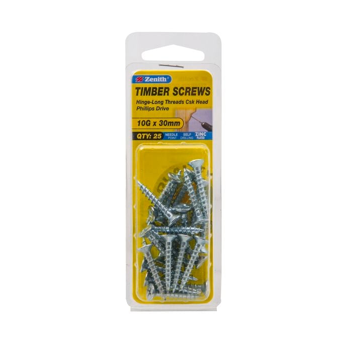 Zenith 10G x 30mm Zinc Plated Timber Screw - 25 Pack