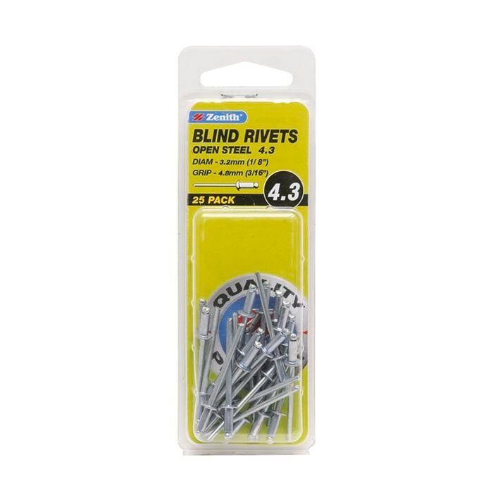 Zenith Blind Rivet Open Steel 1/8"D x 3/16"G  25pk