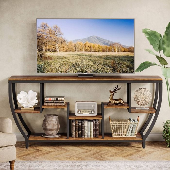 OAKORY 180cm Industrial Console Table with 7 Tier Shelves and Slim Metal Frame Rustic Brown & Black