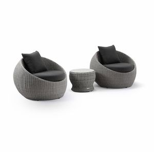 Newport Outdoor Wicker Lounge 2x Arm Chair Brushed Grey With Side Table & Denim Cushions