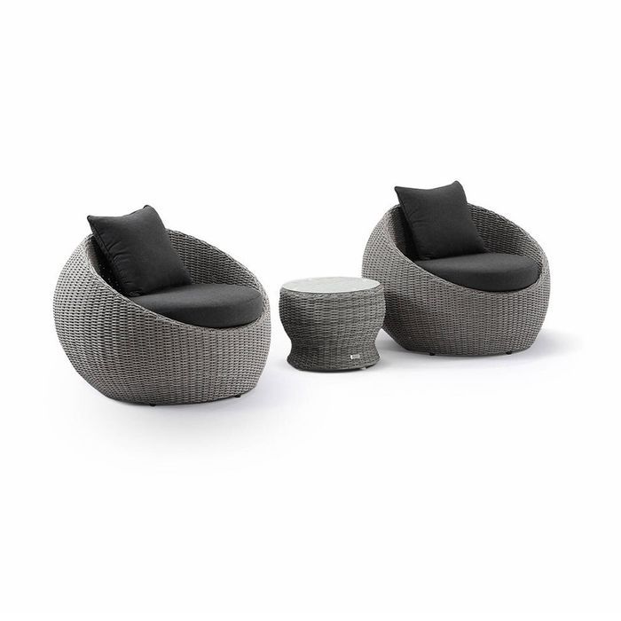 Newport Outdoor Wicker Lounge 2x Arm Chair Brushed Grey With Side Table & Denim Cushions
