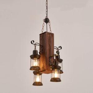 LumenSphere Belic 4-Light Retro Wood Pendant - Black Finish, Natural Wood Accents, E27 Base