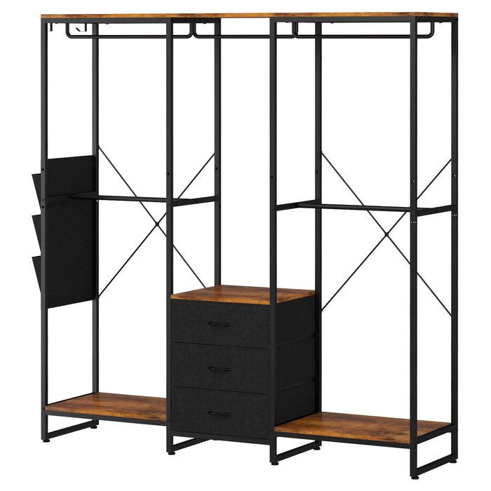 Ufurniture L Shaped Clothes Rack with 3 Drawers 6 Hang Rods Black+Brown