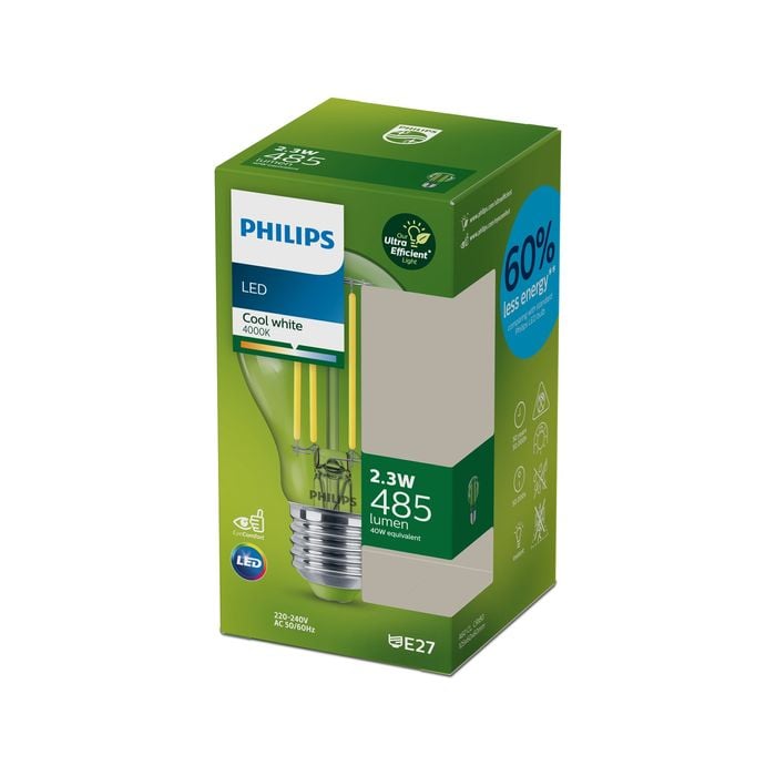 Philips LED Ultra A60 2.3w E27 485lm Cool White Clear Globe