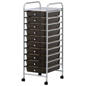 10 Tier Black Plastic Storage With Metal Trolley Shelf And Slide-out Drawers