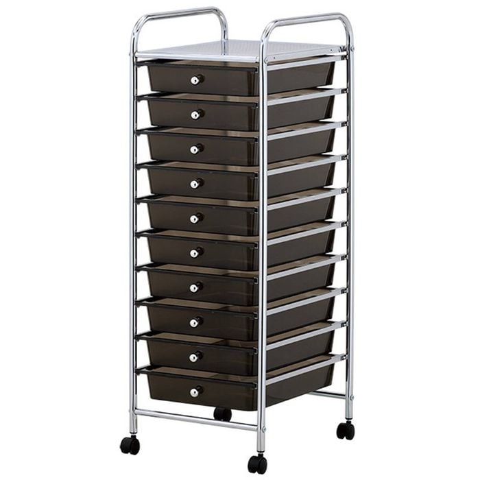 10 Tier Black Plastic Storage With Metal Trolley Shelf And Slide-out Drawers