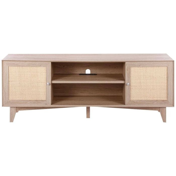 P&P Oak Rattan TV Stand 75 Inch Boho Entertainment Unit with Power Outlet