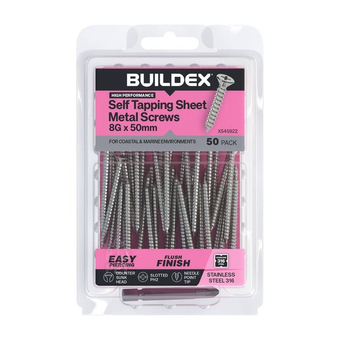 Buildex 8G x 50mm SS316 Self Tapping Sheet Metal Screws - 50 Pack