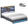 Ufurniture LED Hydraulic Lift Bed Frame Queen Size with Storage Headboard and Charging Station Linen Upholstered Bed Grey
