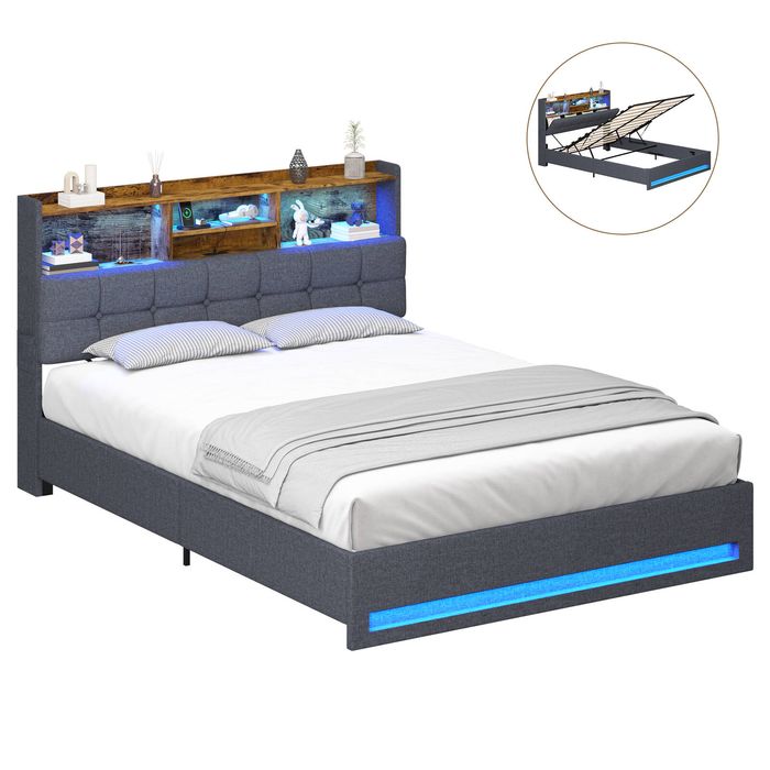 Ufurniture LED Hydraulic Lift Bed Frame Queen Size with Storage Headboard and Charging Station Linen Upholstered Bed Grey