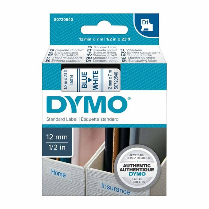 Dymo Blue On White 12mmx7m Tape