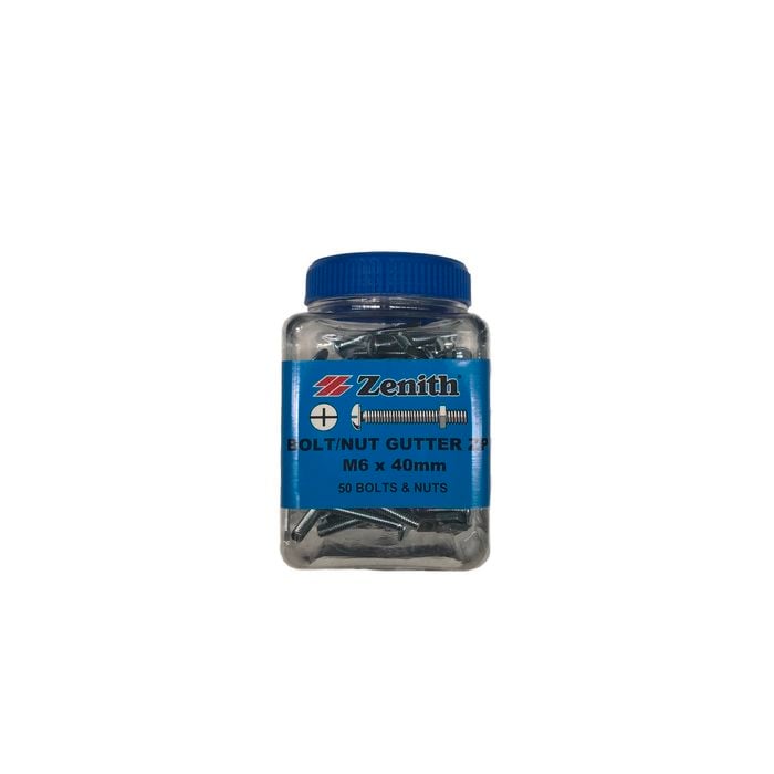 Zenith M6 x 40mm Zinc Plated Bolt And Nut Gutter - 50 Pack