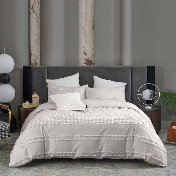 CottonMore 100% Cotton Tufted Stripe Pattern Stone Beige Colour Quilt Doona Duvet Cover Set - King