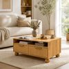 HOMFURN Wood Grain Coffee Table with 2 Fluted Drawers, Open Shelf & Round Legs, 60kg Capacity Living Room Furniture