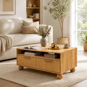 HOMFURN Wood Grain Coffee Table with 2 Fluted Drawers, Open Shelf & Round Legs, 60kg Capacity Living Room Furniture