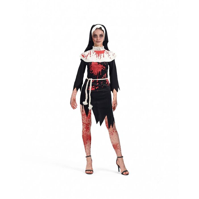 More Than Party Womens Zombie Nun Costume Blood Splattered Black Dress XS/S