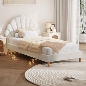 Oikiture Kids Bed Frame Single Size Scallop-Shape Bedhead White Boucle