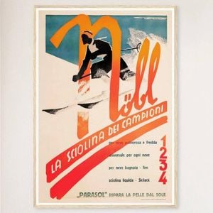 Galrie Nobl School of Champions Italy Vintage Ski Poster - Stylish Home Decor, Wood Frame, 50 x 70cm (20 x 28inch)