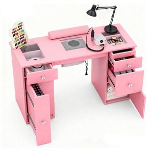 Advwin Vanity Desk Manicure Table with Dust Collector Glass Top Acetone Resistant Drawers Shelves Pink