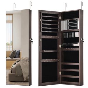 Costway Adjustable Jewelry Cabinet Wall/Door Mounted Full-length Mirror Brown
