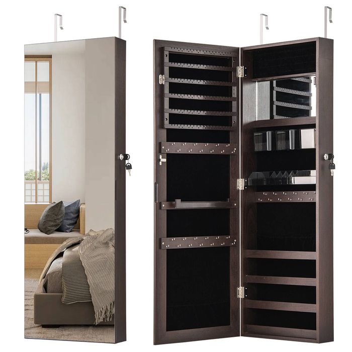 Costway Adjustable Jewelry Cabinet Wall/Door Mounted Full-length Mirror Brown