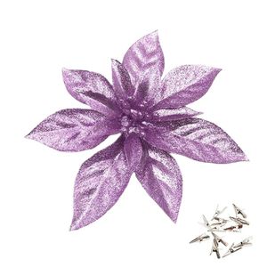Catzon 12 Pcs Glitter Christmas Flowers with Clips Artificial Poinsettia-Purple