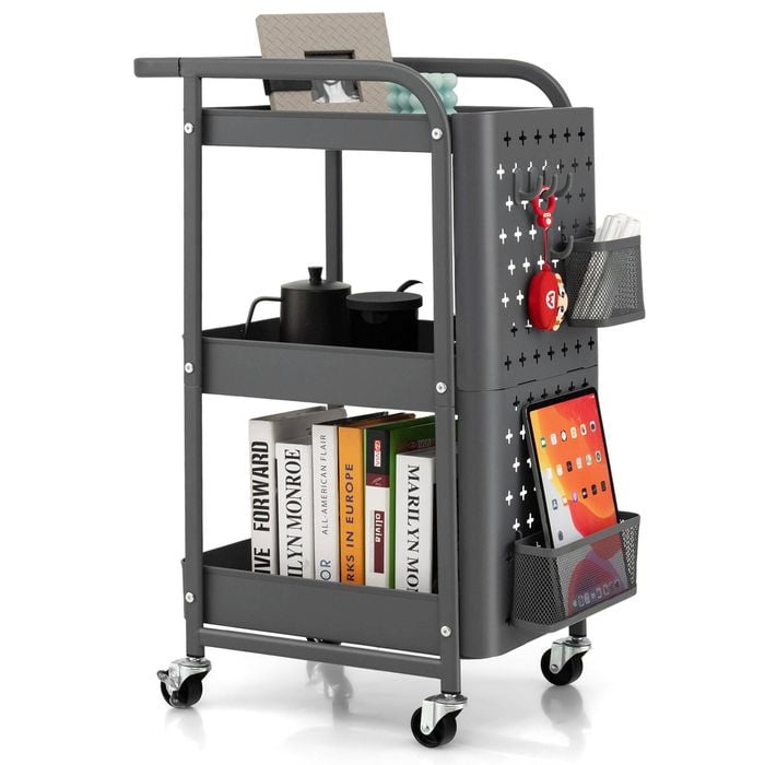 Costway 3-tier Storage Cart Trolley W/pegboards Grey