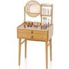 Costway 2 Drawers Bamboo Vanity Desk W/mirror Tempered Glass Top Shelves