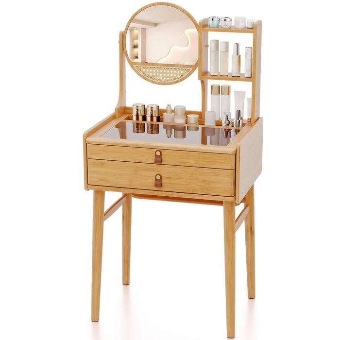Costway 2 Drawers Bamboo Vanity Desk W/mirror Tempered Glass Top Shelves