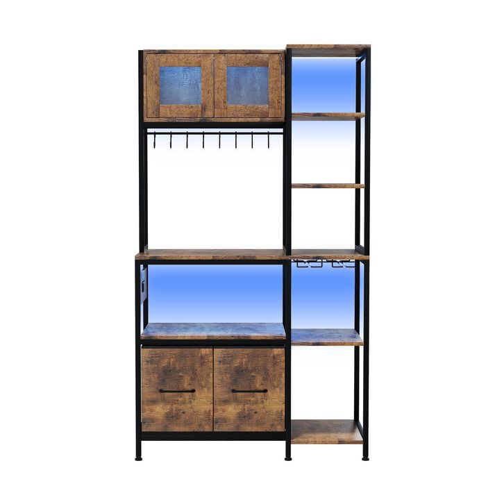 Ufurniture Bakers Rack with Power Outlet and LED Light Coffee Bar Cabinet 6-Tier Microwave Stand 90*40*159cm Rustic Brown