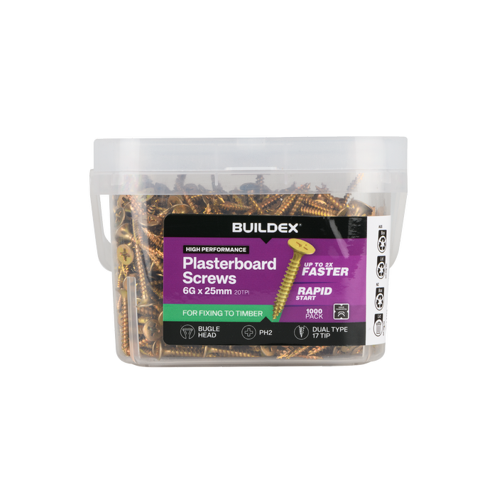 Buildex 6G x 25mm Gold Passivated Plasterboard Screws - 1000 Pack