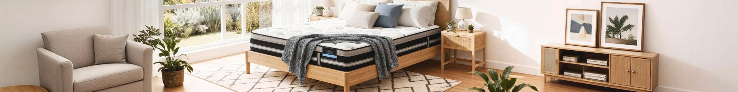 Bright bedroom featuring Giselle Bedding mattress and wooden furniture.