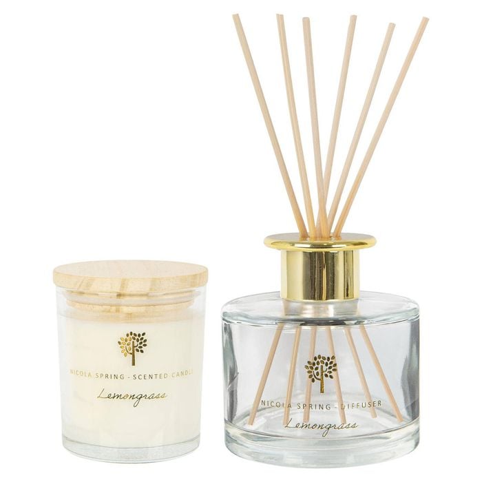 Soy Wax Scented Candle & Reed Diffuser Set - 130g - Lemongrass - Fruity Summer Fragrance Long Burn