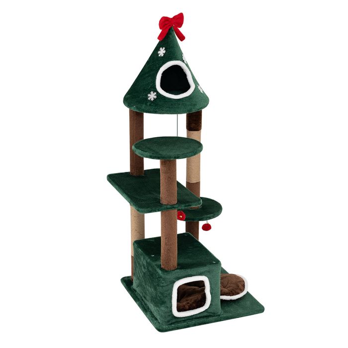 Costway Christmas Cat Tree Kitty Furniture Decoration Indoor Cat Tower w/DIY Snowflakes-Green