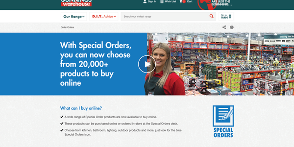 Screenshot of the Bunnings Special Orders Online website page in 2018.