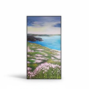 Meadow by the Sea: Hand-Painted Coastal Landscape Oil Painting (60x120cm)