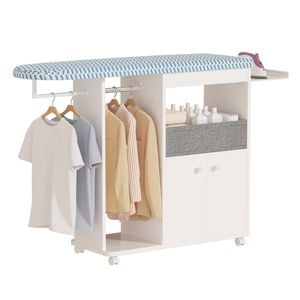 Advwin Ironing Board on Wheels with Storage Cabinet Iron Rack Hanger Rod Fabric Drawer White