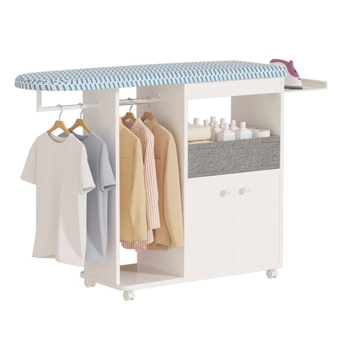 Advwin Ironing Board on Wheels with Storage Cabinet Iron Rack Hanger Rod Fabric Drawer White