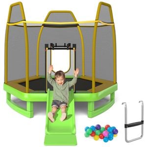 Costway 7FT Round Trampoline Kids Bouncer Jumping Rebounder Indoor Outdoor w/Slide Ladder 20 Ocean Balls