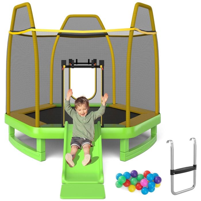 Costway 7FT Round Trampoline Kids Bouncer Jumping Rebounder Indoor Outdoor w/Slide Ladder 20 Ocean Balls