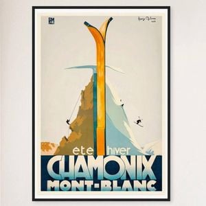 Galrie Vintage Ski Poster of Chamonix Mont Blanc: Summer and Winter Sports Art, Black Frame, A1 60 x 84cm (23 x 33inch)