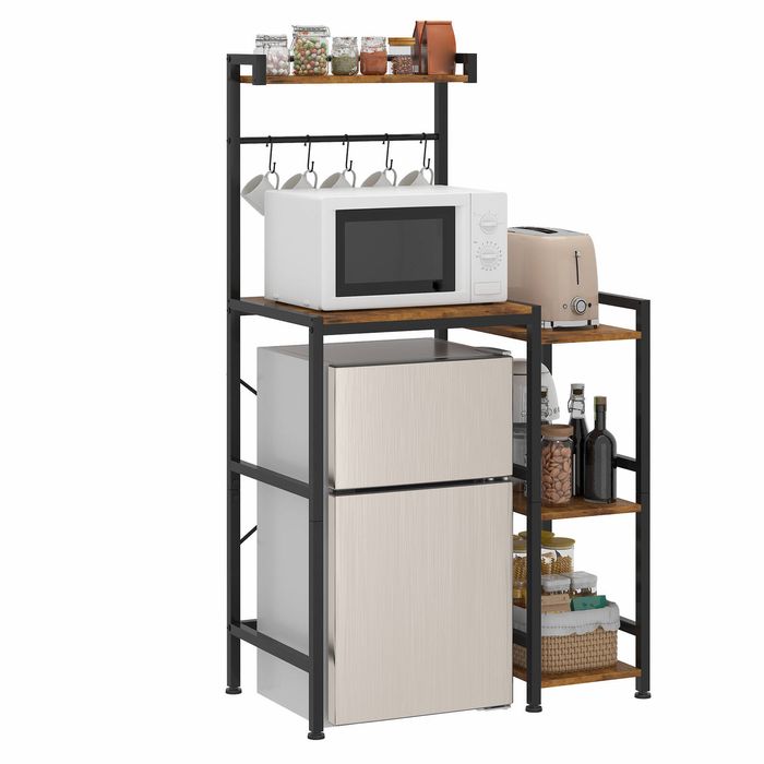 Ufurniture Mini‑Fridge Rack, Microwave Refrigerator Rack with 5 Tier Open Shelf & 5 Hooks, for Kitchen Office, Rustic Brown