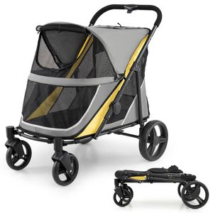 Costway Easy Fold Pet Stroller 100 KG Heavy Duty Pet Wagon w/Breathable Mesh Storage Bag & Bottle Holders-Yellow