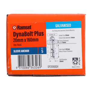 Ramset 20 x 160mm Galvanised Dynabolt Plus Hex Nut Bolt - 5 Pack