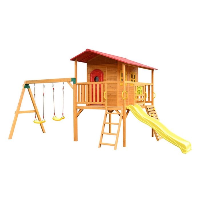 Kidzshack Sweet Shack Wooden Large Cubby House With Swingset - Yellow Slide