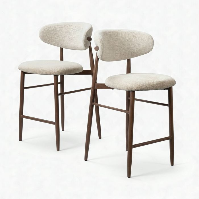 Milo 2pc Set Bar Chair Stool Fabric Seat Beige Walnut