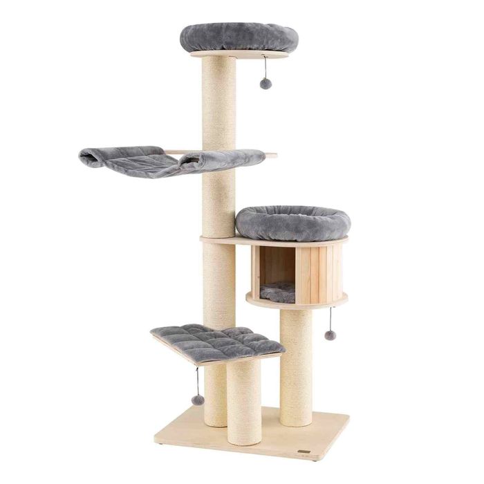 Costway 174cm 4 Layer Wood Cat Tree Scratching Posts Plush-Grey