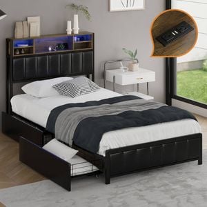 Oikiture Bed Frame King Single Size with 2 Drawers Charging Station & LED Storage Bookcase